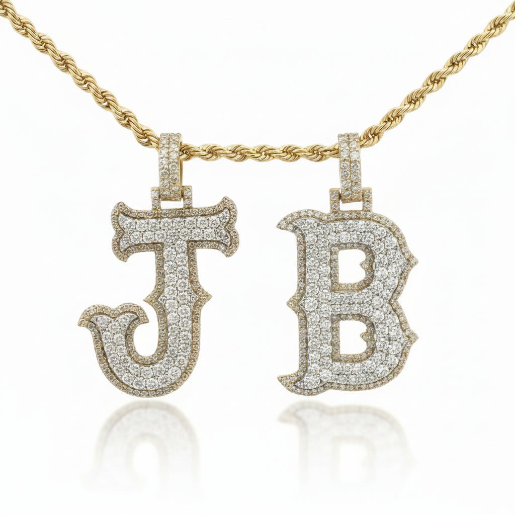 10k yellow gold and natural round diamonds Initial Pendant & Rope Chain Set.