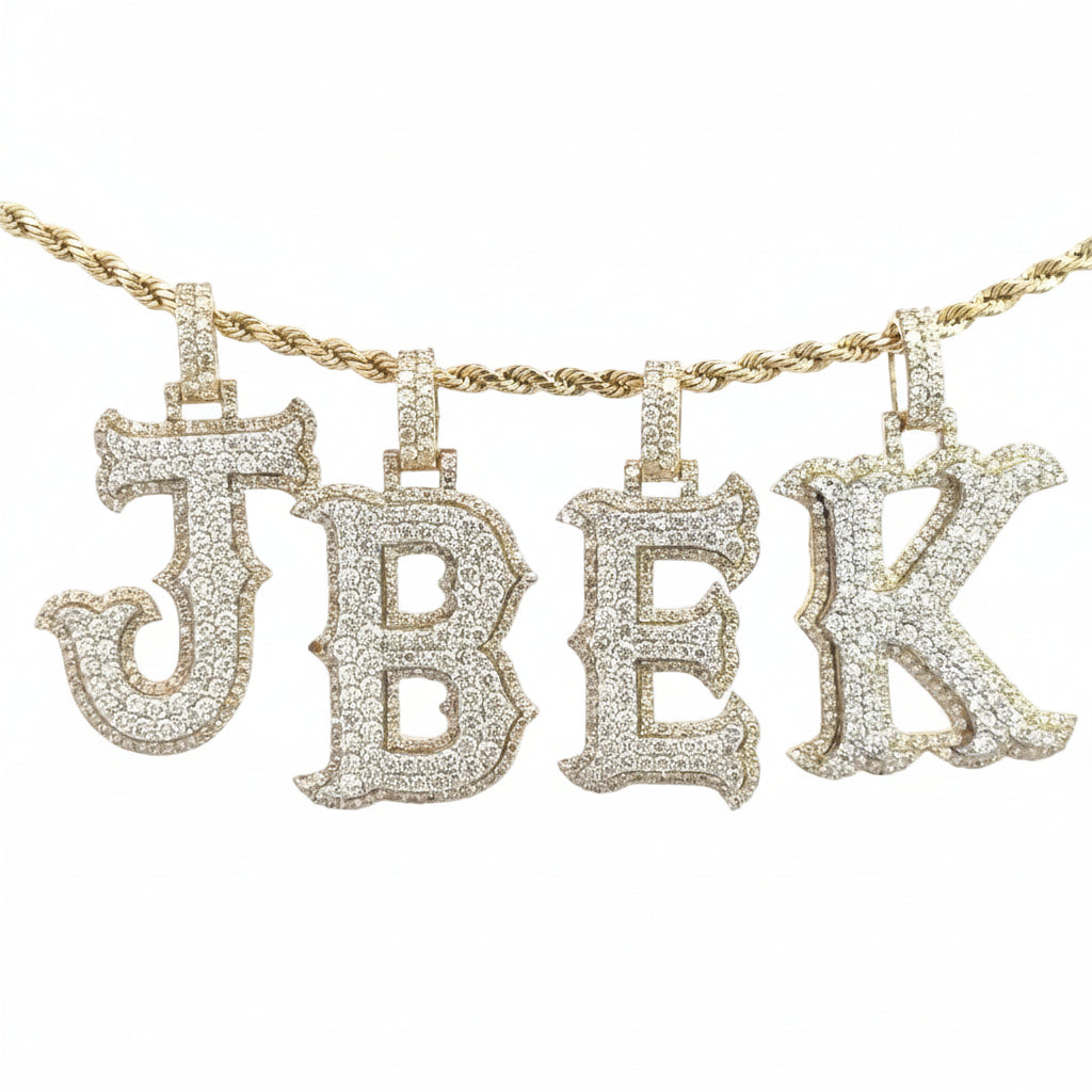10k yellow gold and natural round diamonds Initial Pendant & Rope Chain Set.