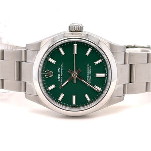 Model #277200 31 mm Rolex Watch with Stainless Steel Oyster Bracelet (Green dial, smooth bezel)