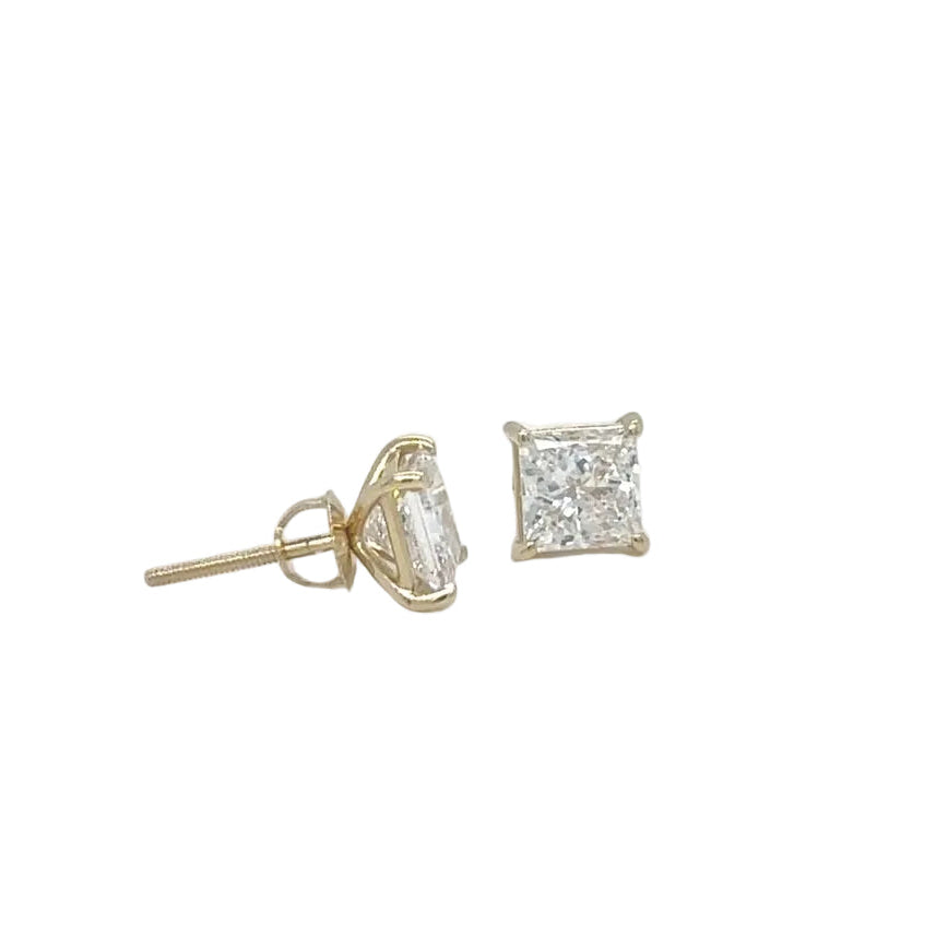 14k yellow gold and lab princess cut diamonds earrings.