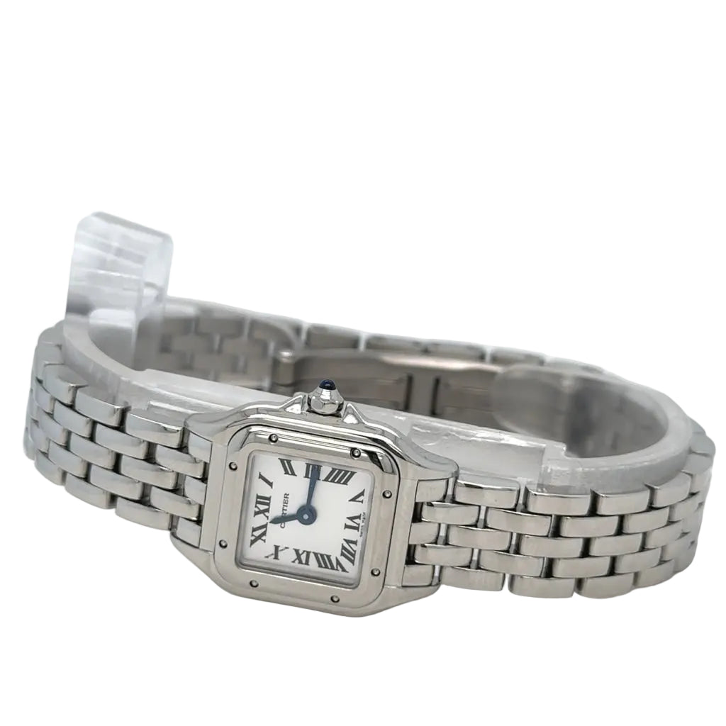 4 piece deal : 22mm Cartier Panthère Stainless Steel Watch (White dial, papers) + White Gold + 2 gifts & Diamond Bangle