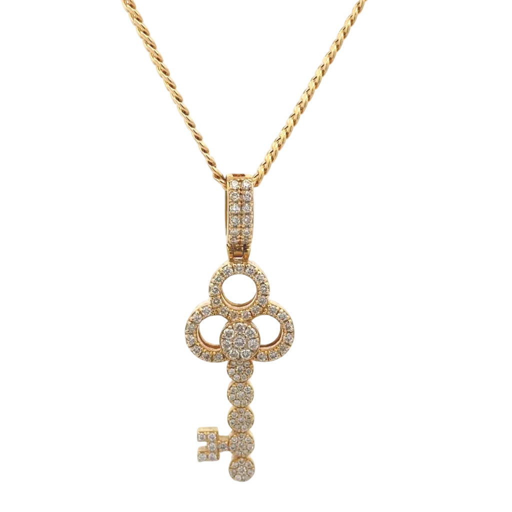 14k Yellow Gold and Diamond Key Pendant with Round Diamonds and 14k Yellow Gold Cuban Link Chain Set