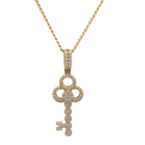 14k Yellow Gold and Diamond Key Pendant with Round Diamonds and 14k Yellow Gold Cuban Link Chain Set
