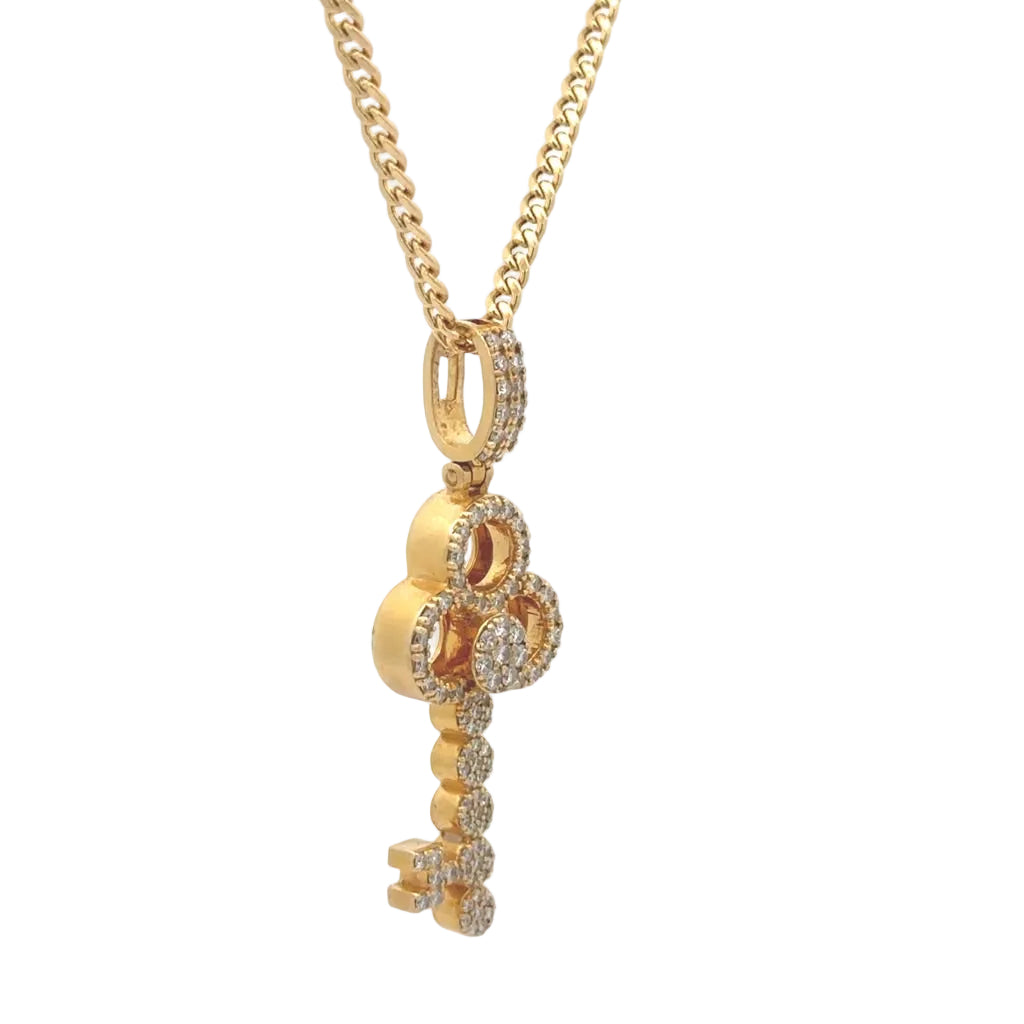 14k Yellow Gold and Diamond Key Pendant with Round Diamonds and 14k Yellow Gold Cuban Link Chain Set