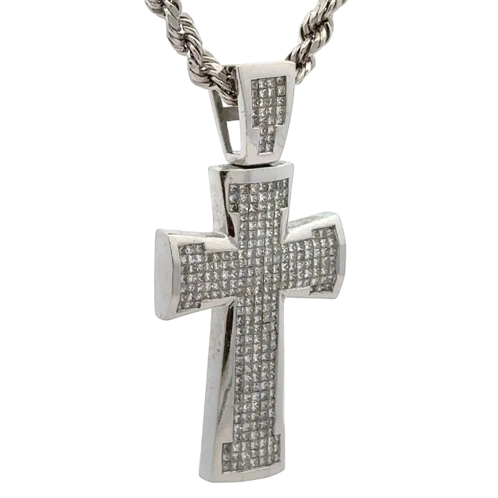 14k White gold Cross Natural diamond pendant and chain.