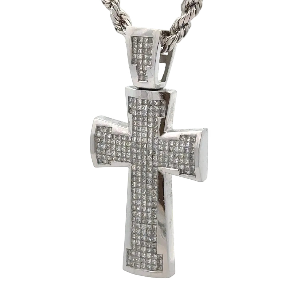 14k White gold Cross Natural diamond pendant and chain.