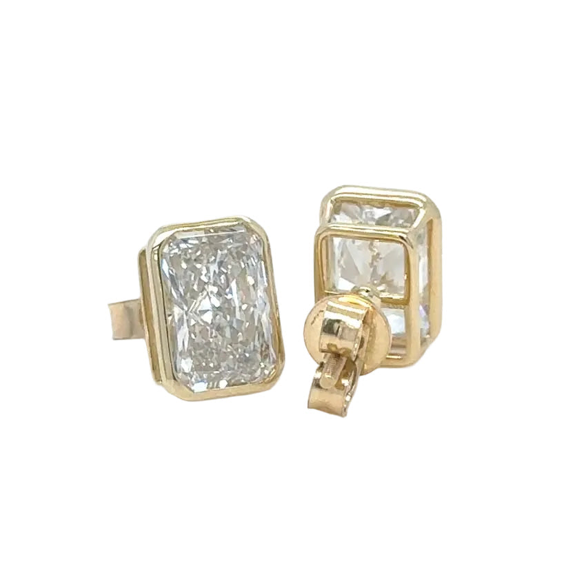 14k yellow gold lab radiant-cut stud earrings.
