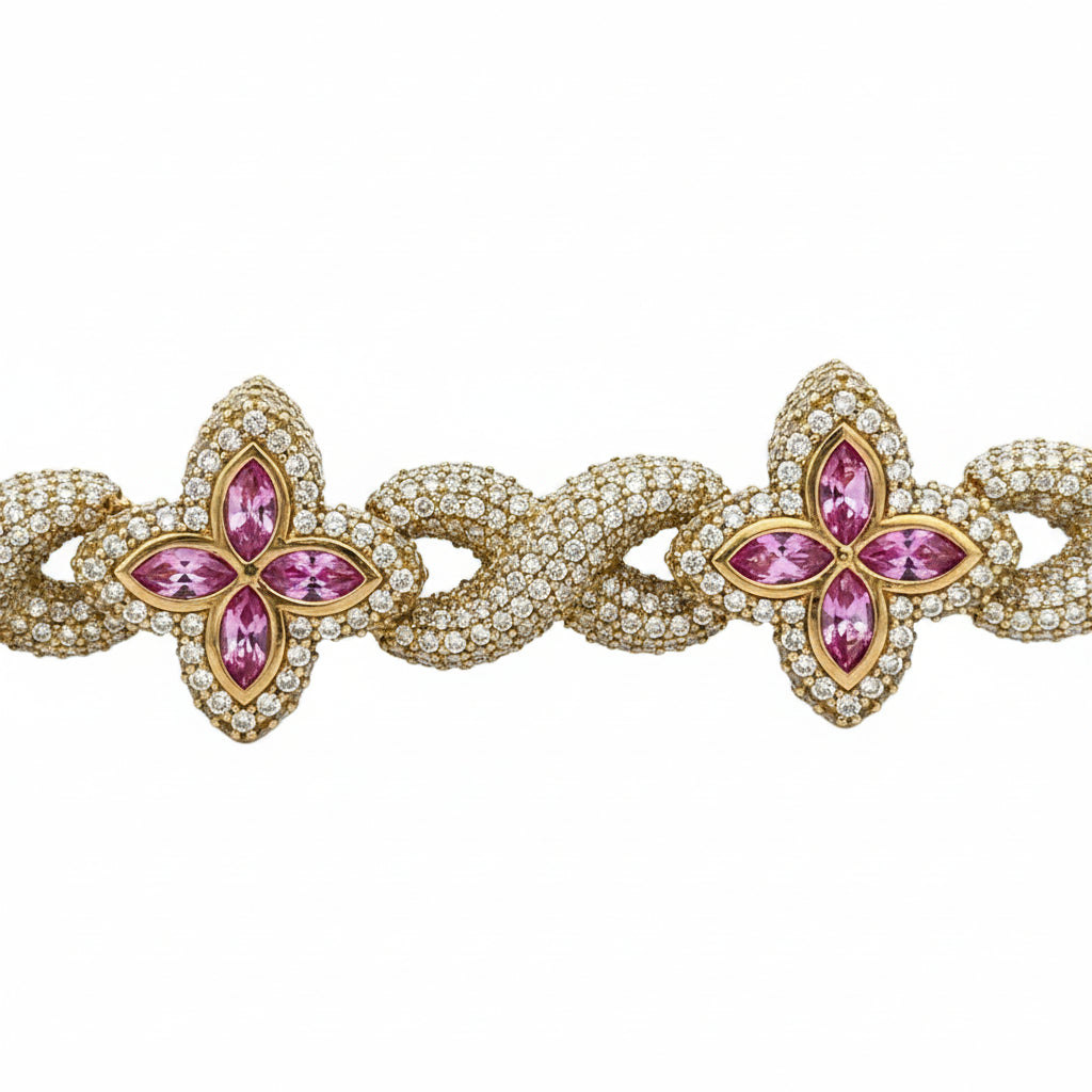 White Gold and Diamond Flower Bracelet with multicolor stones ( Choose your color)