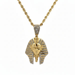 Yellow Gold King Tut Pharaoh Diamond Pendant and Gold rope Chain Set