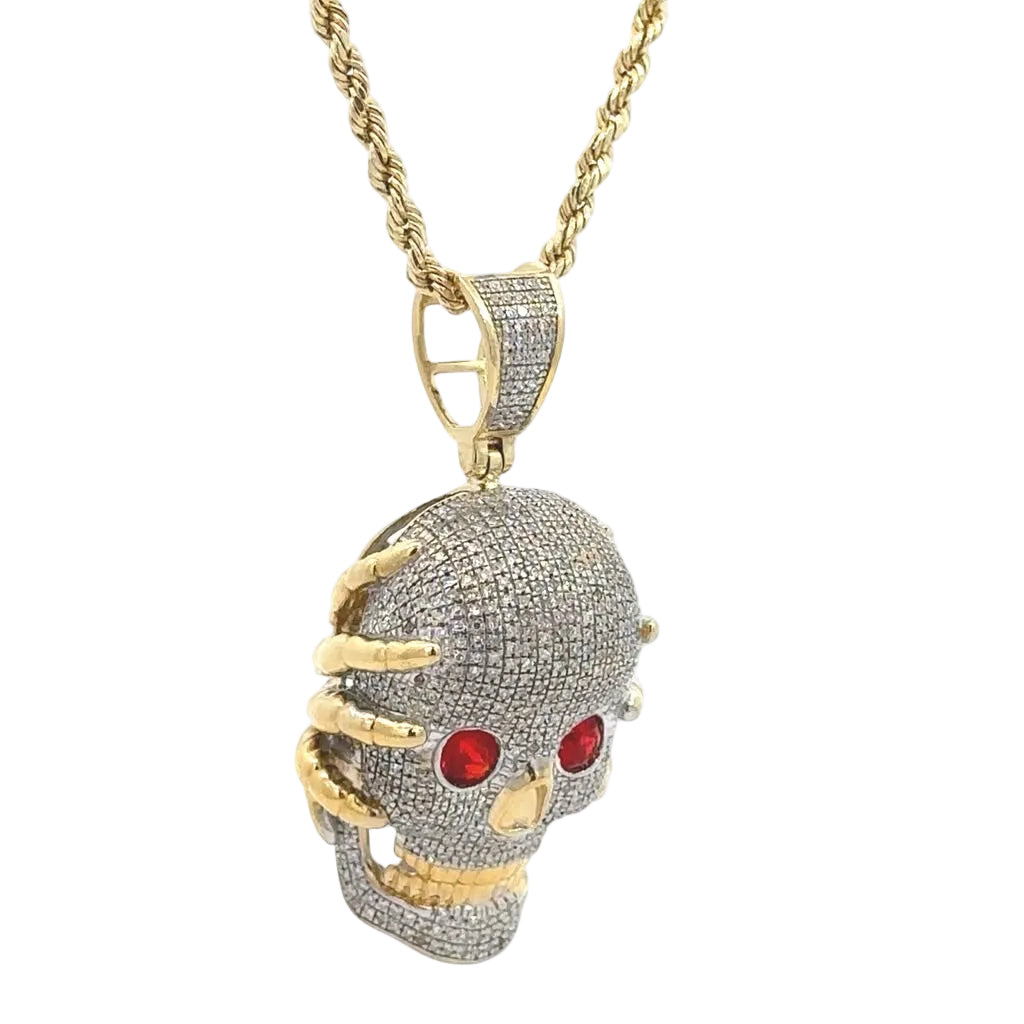 Yellow Gold Iced out Skull Diamond Pendant and Gold rope Chain Set