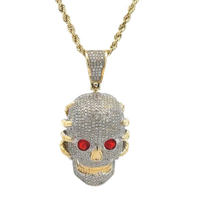 Yellow Gold Iced out Skull Diamond Pendant and Gold rope Chain Set