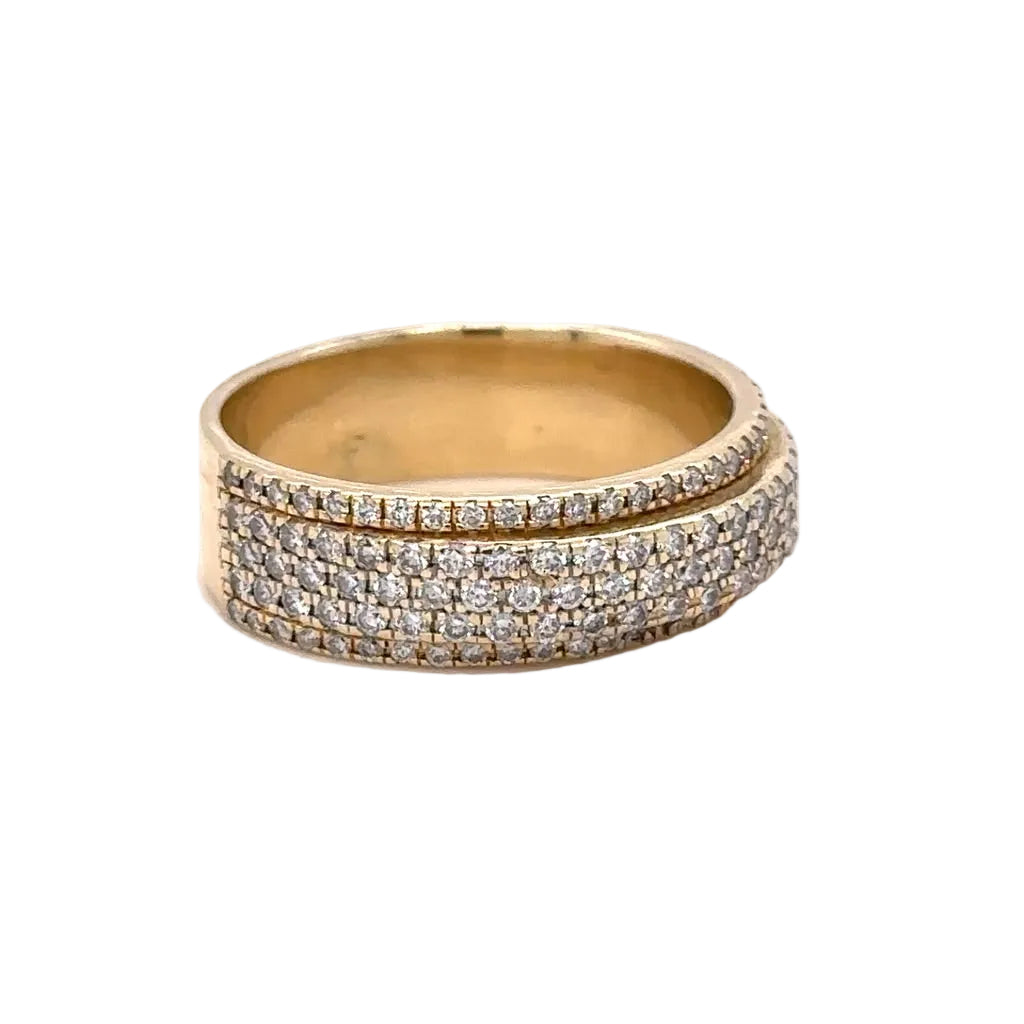 14k Yellow Gold and Diamond Wedding Band with Round Diamonds (5 rows half way)
