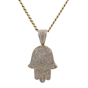 Yellow Gold Hamsa Diamond Pendant and Gold Cuban Set