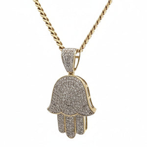 Yellow Gold Hamsa Diamond Pendant and Gold Cuban Set