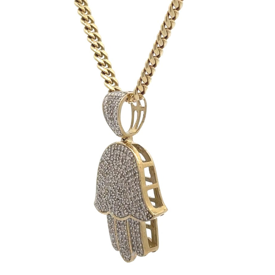 Yellow Gold Hamsa Diamond Pendant and Gold Cuban Set