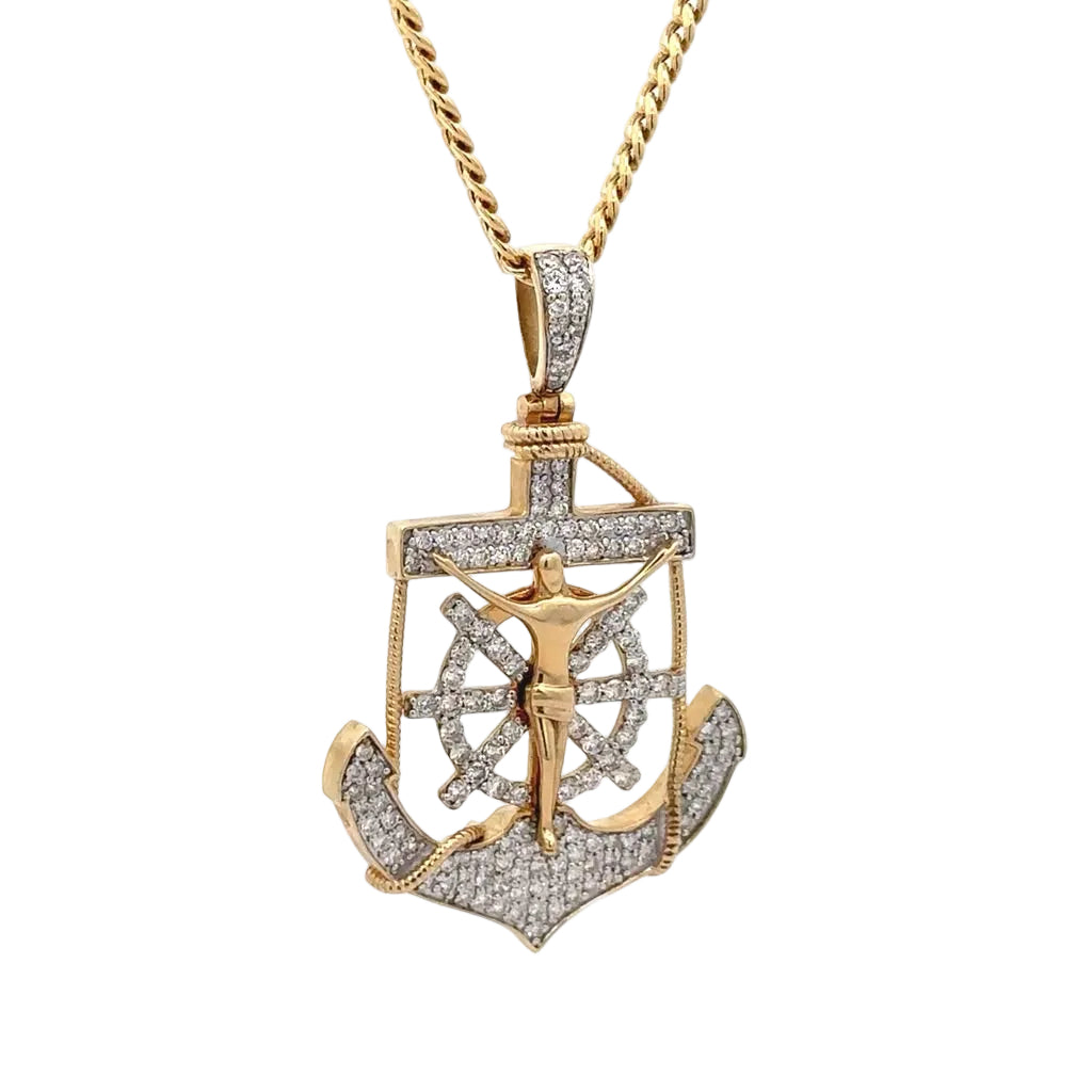 Yellow Gold Jesus Anchor Diamond Pendant and Gold cuban Chain Set