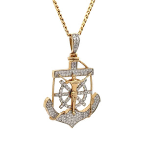 Yellow Gold Jesus Anchor Diamond Pendant and Gold cuban Chain Set