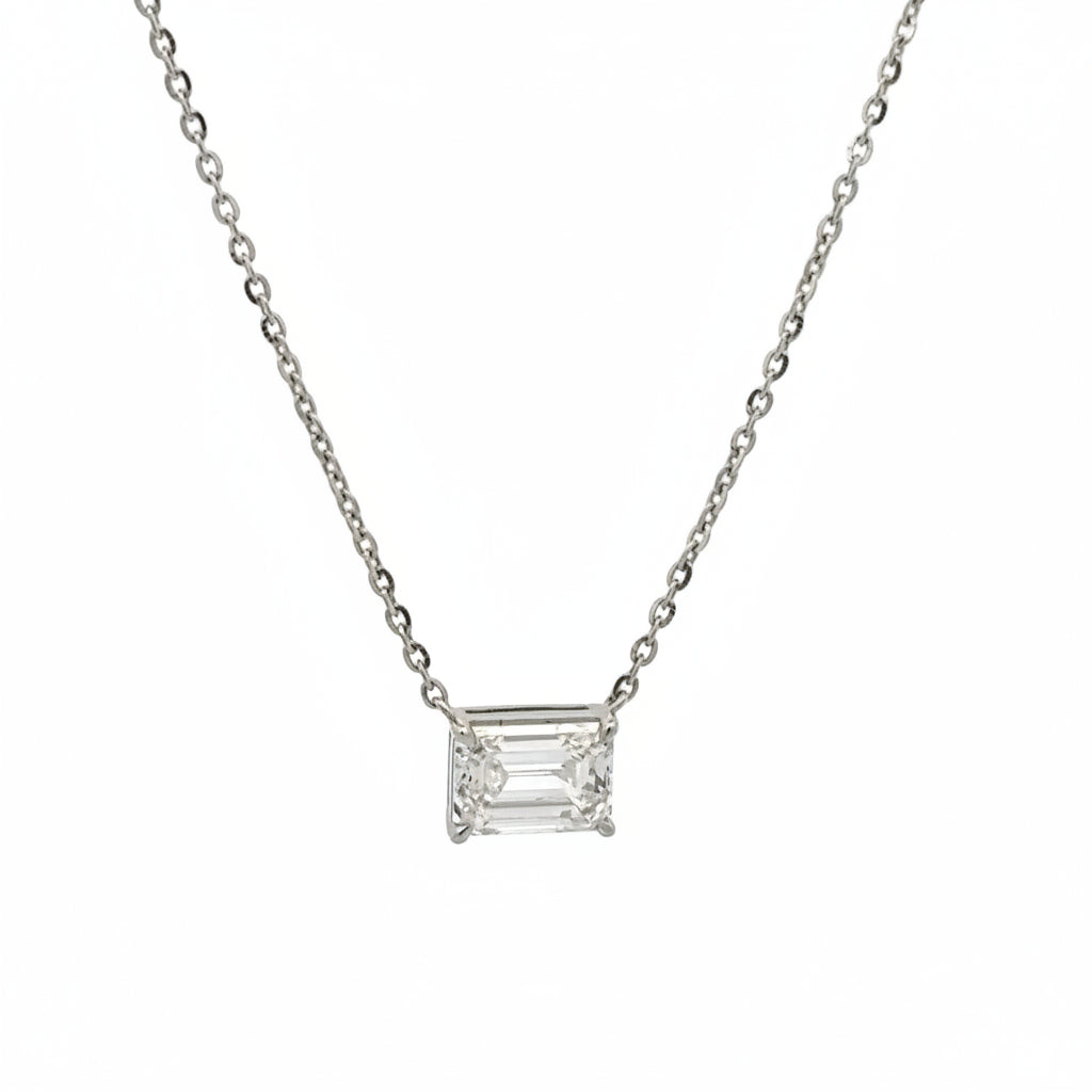 14k White Gold and Diamond Emerald-cut Necklace