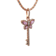 Load image into Gallery viewer, Rose Gold and Diamond Butterfly &amp; Key Pendant and Rose Gold Ice link chain or Tennis Chain (choose your style)