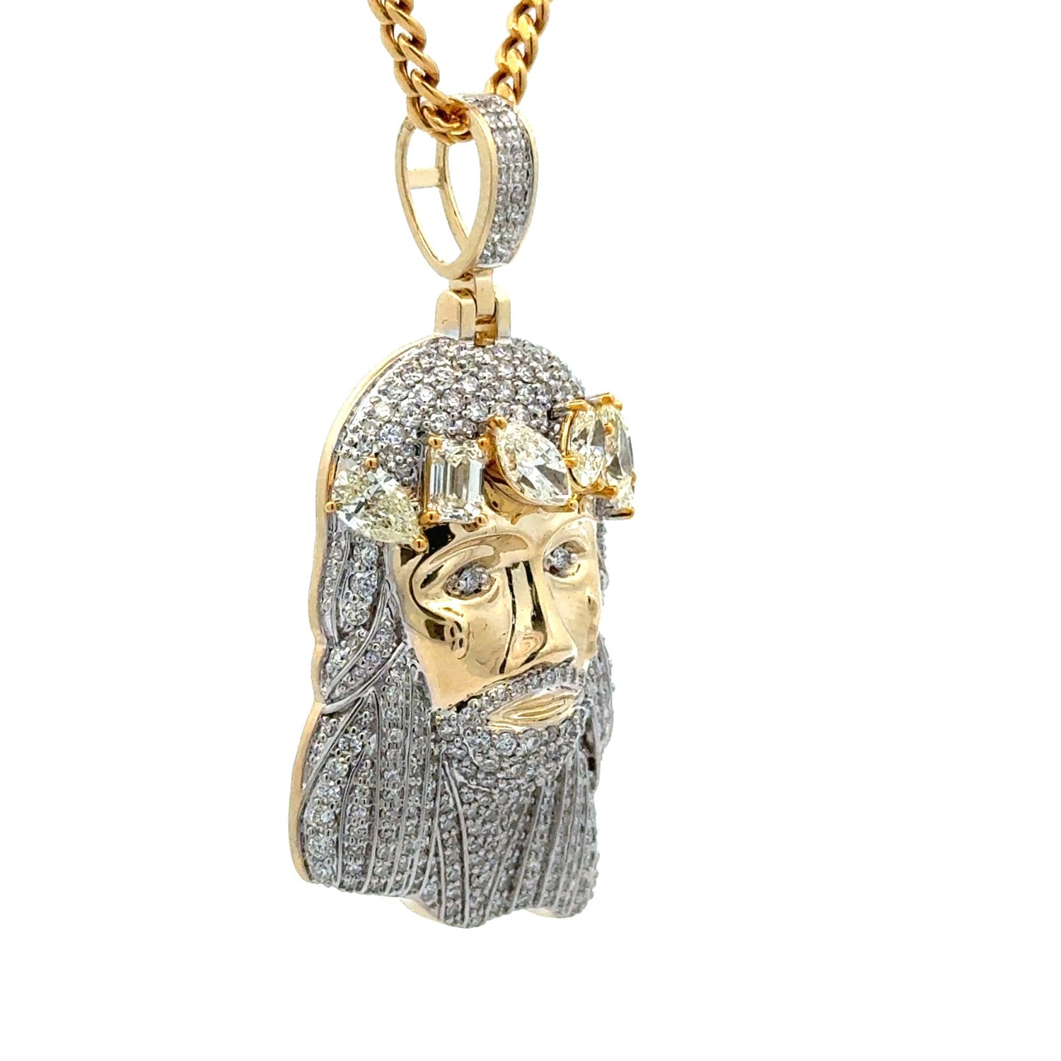 14k yellow gold and diamond Jesus Head Pendant and Cuban or Tennis chain (choose your style)
