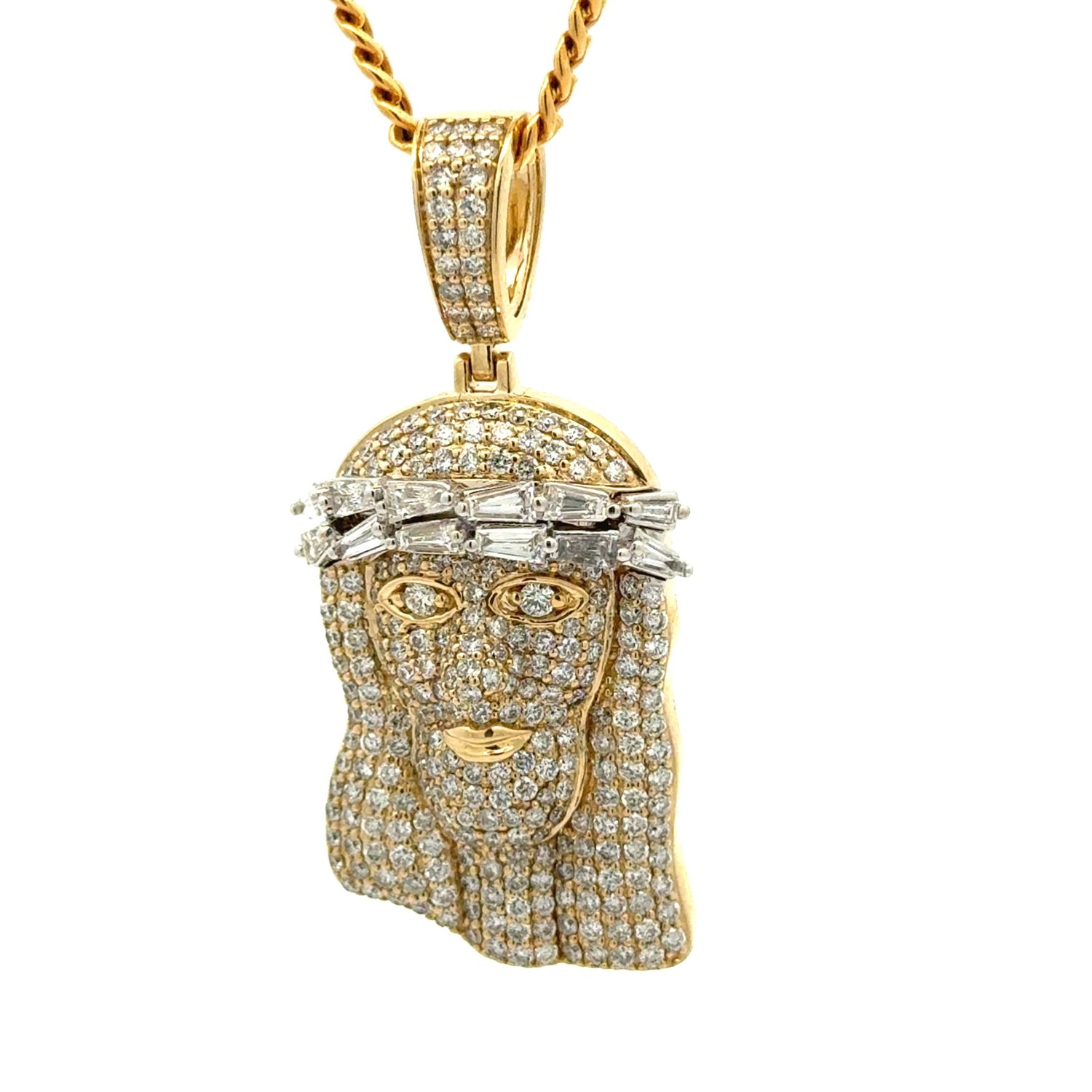 14k yellow gold and diamond Jesus Head Pendant and Cuban or Tennis chain (choose your style)