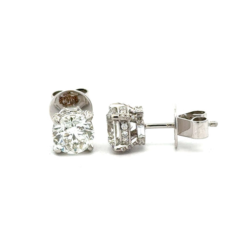 18k White Gold Stud Earrings with Round Solitaire Diamond (side diamonds)