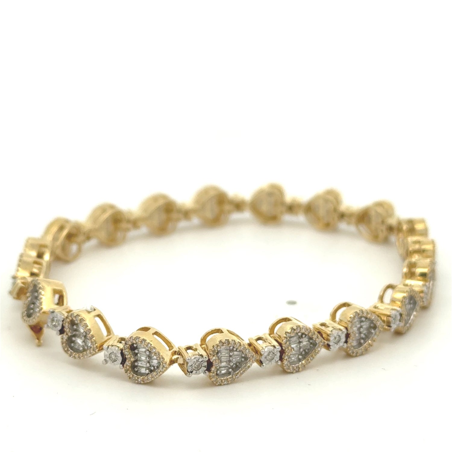 Gold and Diamond Heart & Flower shaped Fancy Link Bracelet with Baguette and Round Diamonds  (VALENTINE`S DAY SPECIAL)