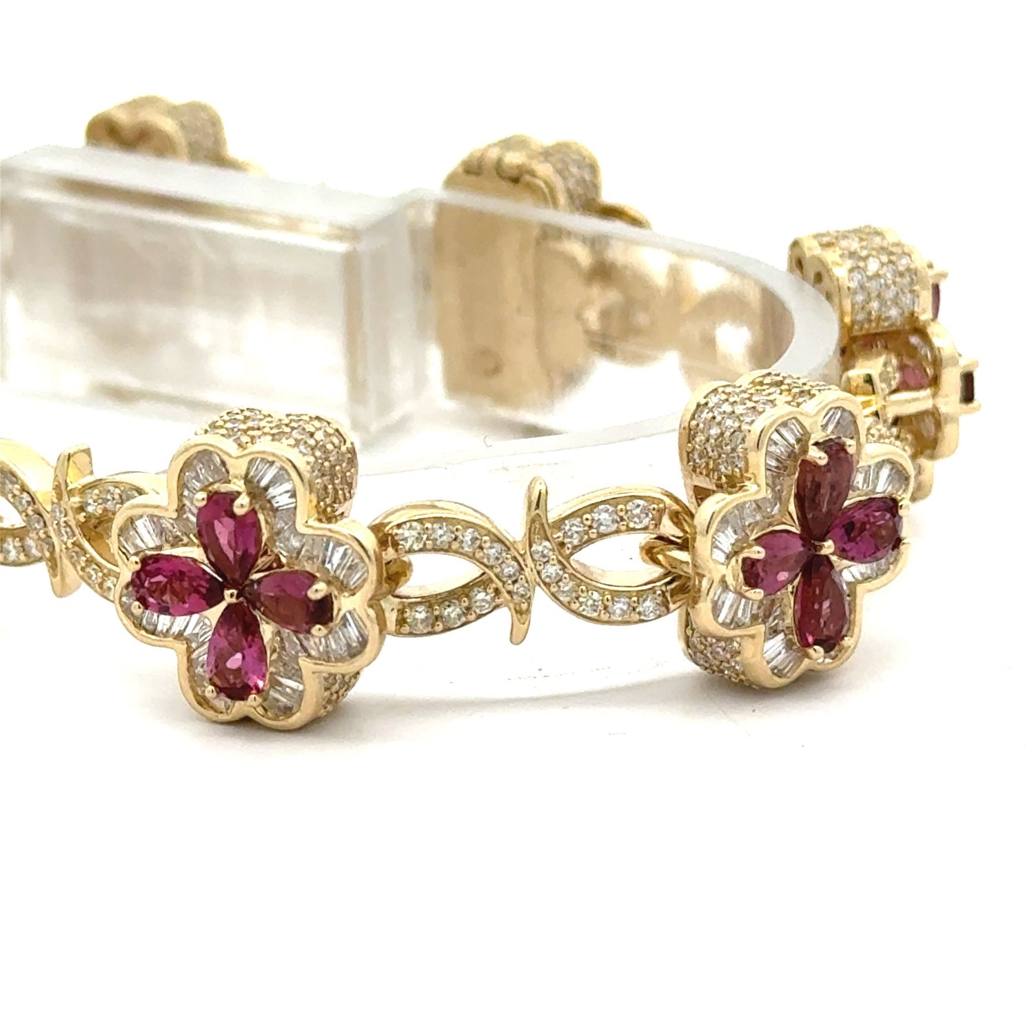 14k yellow gold and diamond Flower Bracelet with pink stones