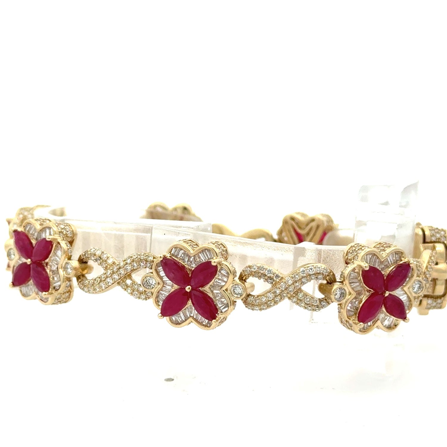 14k yellow gold and diamond Flower Bracelet with pink stones