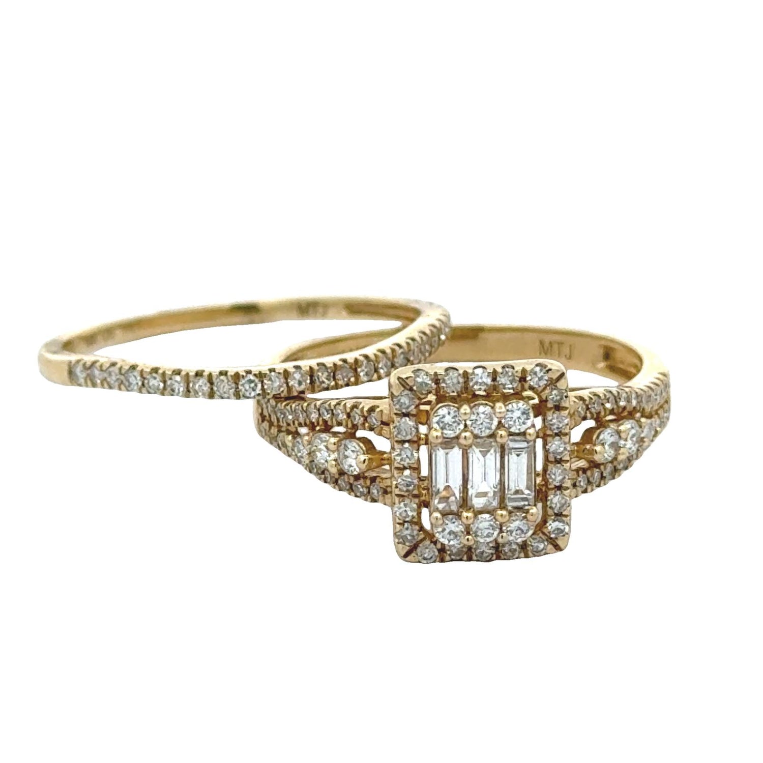 14k Yellowgold 2 Piece Bridal Engagement Ring and Wedding Band Round and Baguette Diamonds