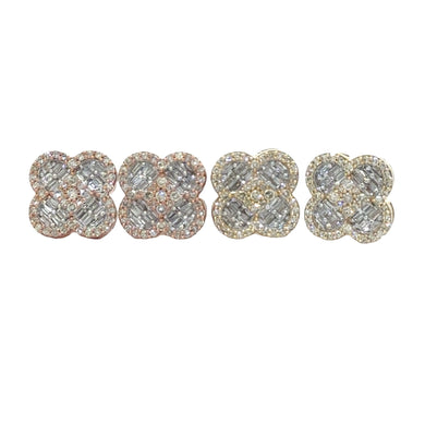 Gold and Diamond Clover Shape Earrings with Round and Baguette Diamonds