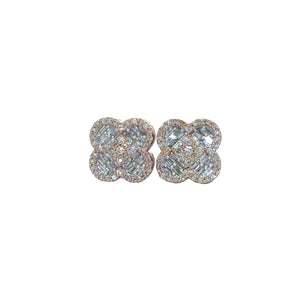 Gold and Diamond Clover Shape Earrings with Round and Baguette Diamonds