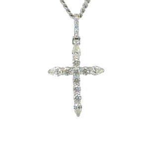 14k Gold Cross Pendant with Round and Pear Shape Diamonds and Gold Cuban Link Chain Set