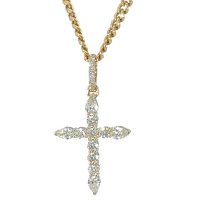 14k Gold Cross Pendant with Round and Pear Shape Diamonds and Gold Cuban Link Chain Set
