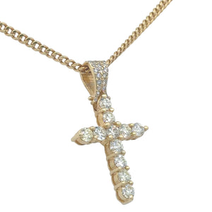 14k Gold Cross Pendant with Extra Large Round Diamonds and Gold Cuban Link Chain Set