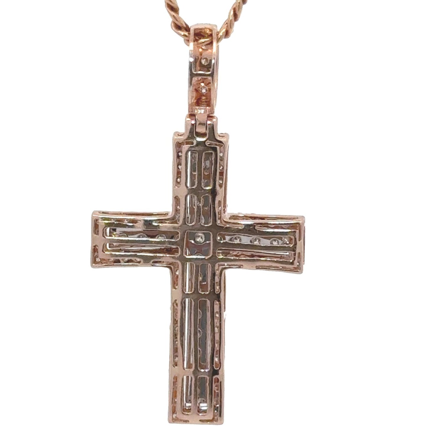 14k Rose Gold Cross Pendant with Round Diamonds and Gold Cuban Link Chain Set