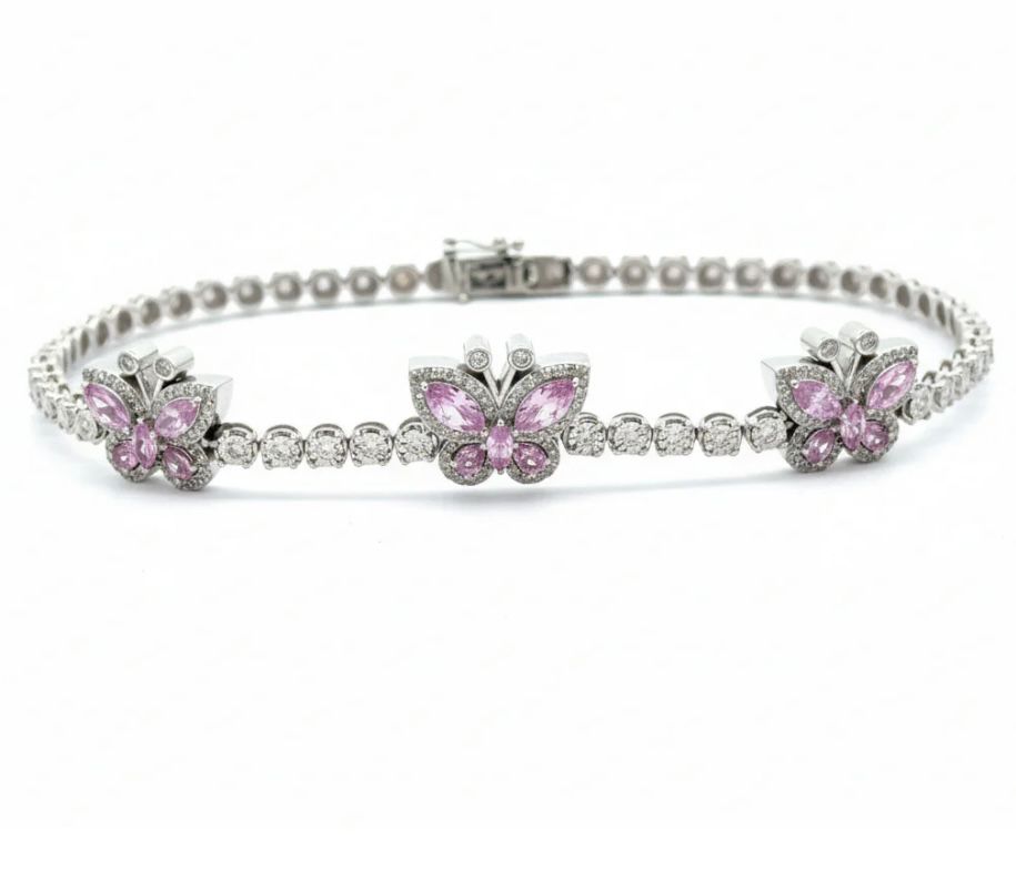 White Gold and Diamond Butterfly Bracelet with pink stones