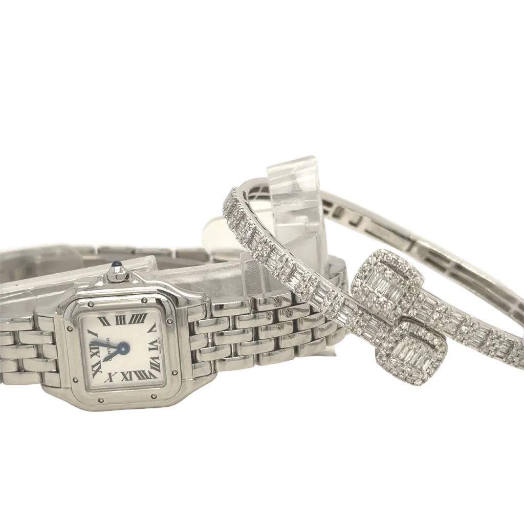 4 piece deal : 22mm Cartier Panthère Stainless Steel Watch (White dial, papers) + White Gold + 2 gifts & Diamond Bangle