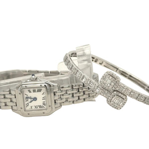 4 piece deal : 22mm Cartier Panthère Stainless Steel Watch (White dial, papers) + White Gold + 2 gifts & Diamond Bangle