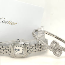 Load image into Gallery viewer, 4 piece deal : 22mm Cartier Panthère Stainless Steel Watch (White dial, papers) + White Gold + 2 gifts &amp; Diamond Bangle
