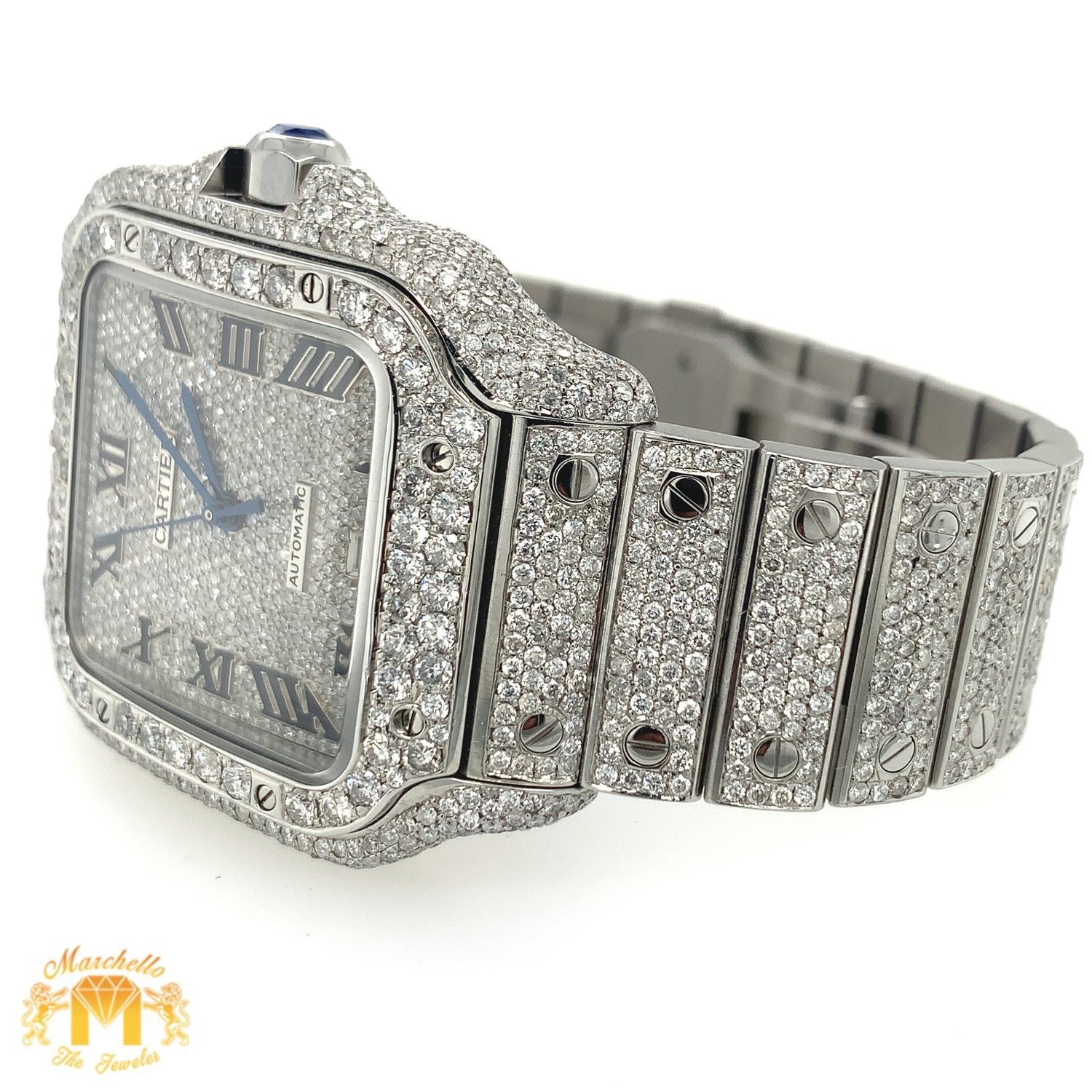 Iced Out 40mm Cartier Santos Stainless Steel Watch with 18.50ct of Diamonds (year: 2023, iced out dial, papers)