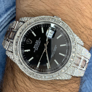 41mm Rolex Datejust Diamond Watch with Stainless Steel Oyster Band (fully iced out, jumbo baguette diamonds))