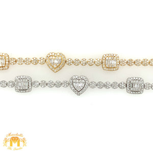 Gold and Diamond 10.4x3.5mm Tennis Bracelet with Squares and Hearts with baguette and round diamonds  (pick gold color)
