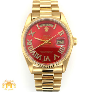 36mm 18k Gold Rolex Day-Date Presidential Watch (red diamond dial, quick set)