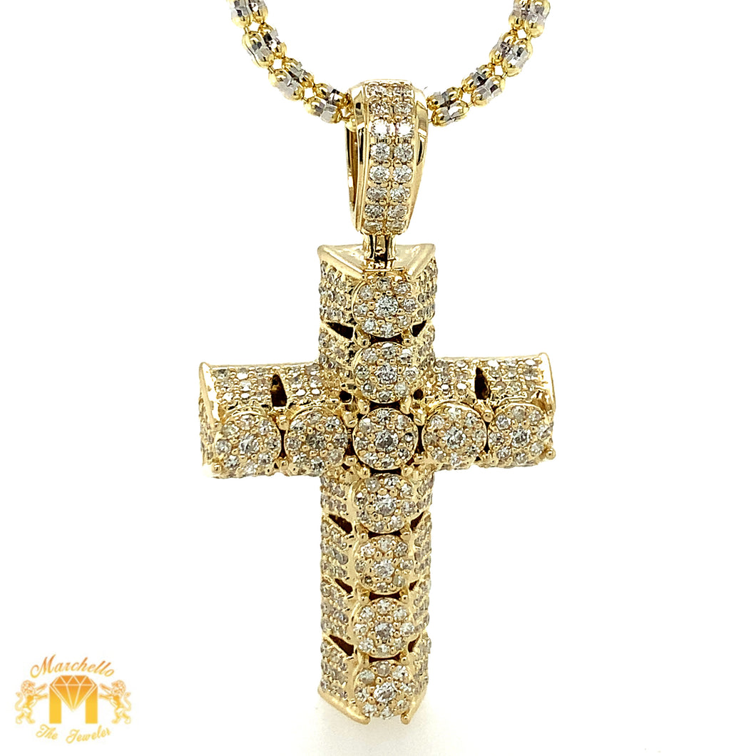 14k Gold 3D Cross Diamond Pendant and 2mm Gold Ice Link Chain Set