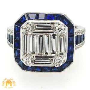 VVS/vs high clarity diamonds set in a 18k White Gold Ladies' Coctail Ring with Blue Sapphire (extra large VVS baguettes)