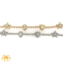 Load image into Gallery viewer, Gold and Diamond 10.4x3.5mm Tennis Bracelet with Stars, Tear Drops and Hearts with baguette and round diamonds (pick gold color)