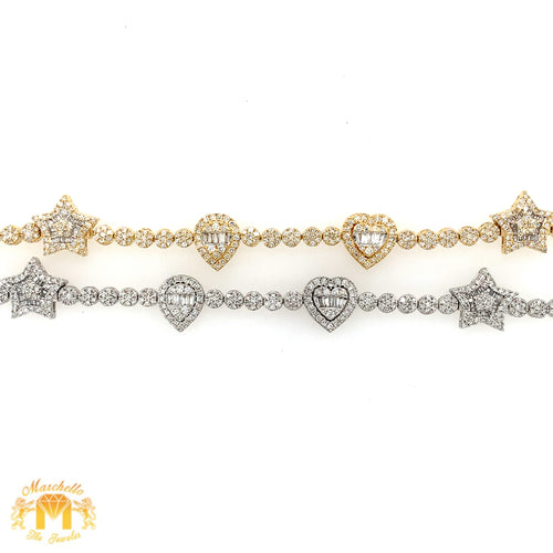 Gold and Diamond 10.4x3.5mm Tennis Bracelet with Stars, Tear Drops and Hearts with baguette and round diamonds (pick gold color)