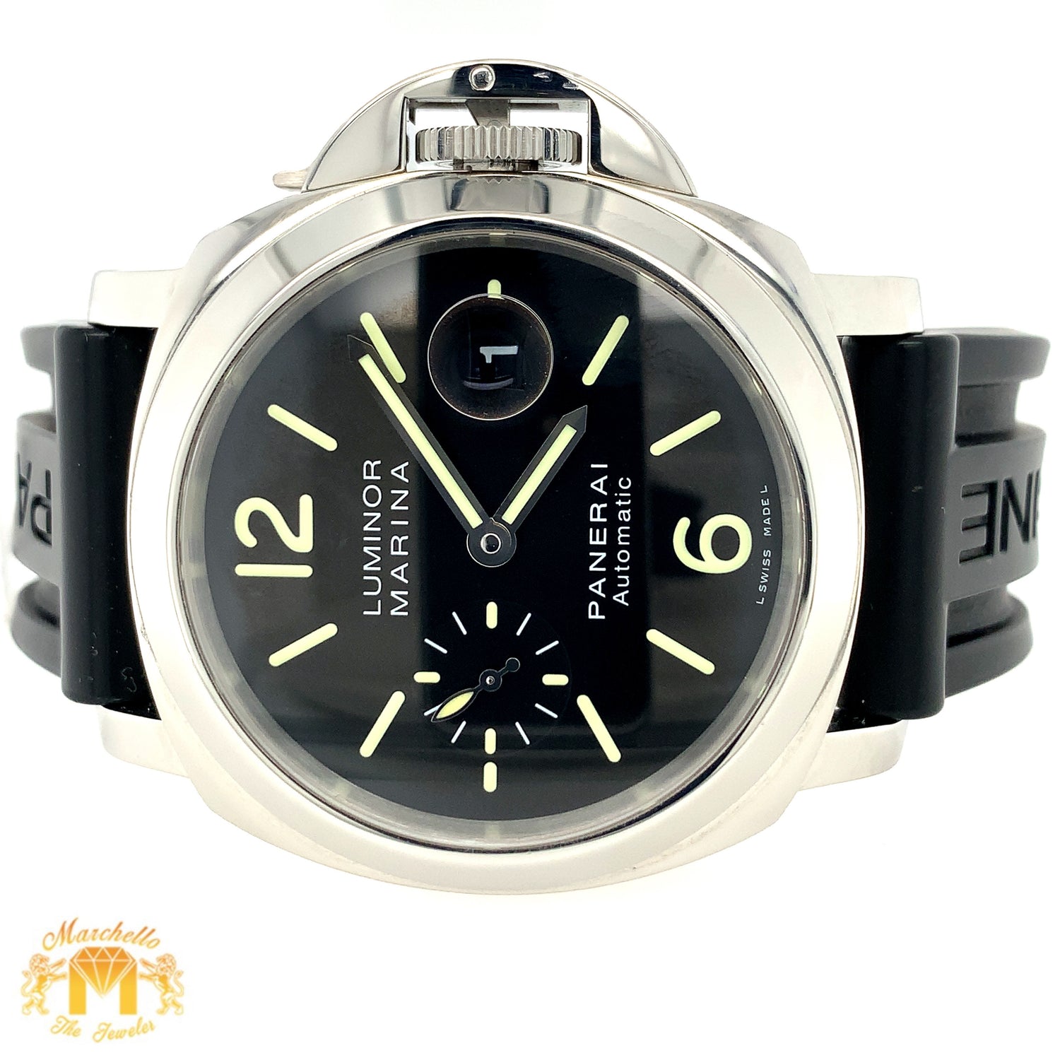 44mm Panerai Luminor Marina Stainless Steel Automatic Watch with Black Rubber Band  (papers)