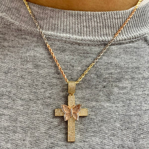 Tri-color Gold and Diamond Butterfly Cross and 2mm Rope Chain Set